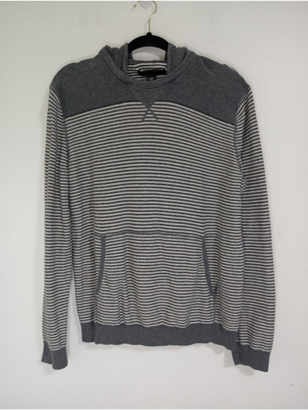 Kenneth Cole Hoodie Mens Striped Gray L 100% Cotton Pullover Sweater Pocket